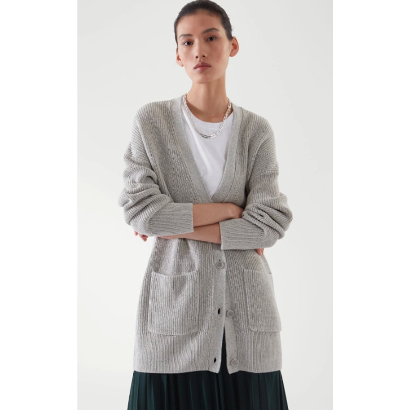 Cos Sweater Women Xs Oversized Knitted Cardigan Chunky Linen Cotton Gray Preppy